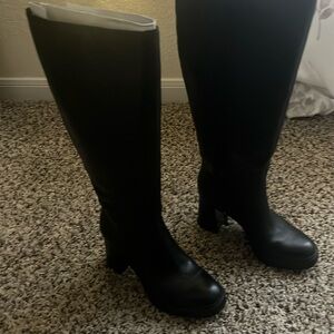 Black leather wide calf boots